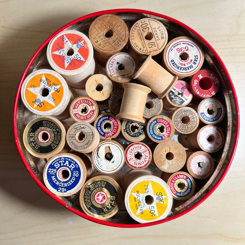 Bundle of 35+ vintage Collectable Wooden Thread spools from early-mid 1900s